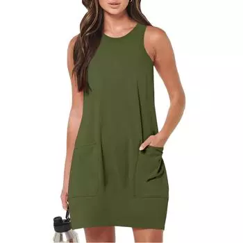 Женский летний повседневный сарафан без рукавов с карманами, короткие пляжные платья-майки для отпуска L армия зеленый
