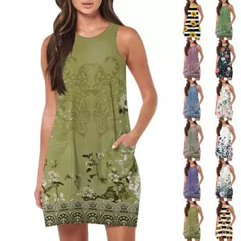 Женский летний повседневный сарафан без рукавов с принтом (с карманами) Короткие платья-майки для пляжного отдыха L армия зеленый