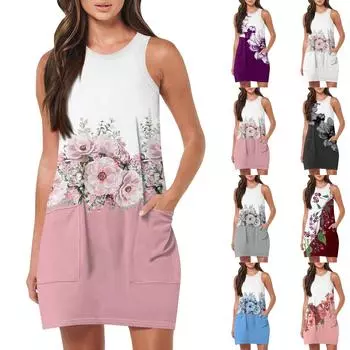 Женский летний повседневный сарафан без рукавов с принтом (с карманами) Короткие платья-майки для пляжного отдыха L чёрный