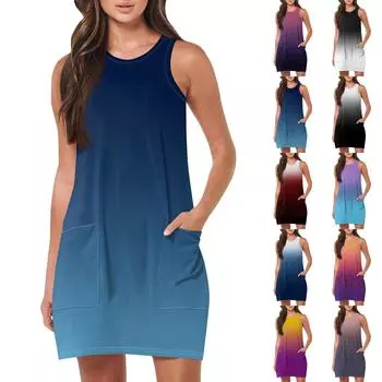 Женский летний повседневный сарафан без рукавов с принтом (с карманами) Короткие платья-майки для пляжного отдыха L чёрный