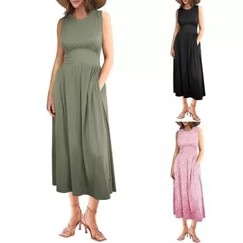 Женский летний повседневный сарафан без рукавов с круглым вырезом, длинное платье, наряды для отпуска и пляжа M чёрный