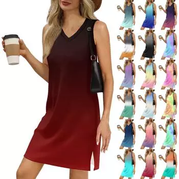 Женский летний повседневный сарафан без рукавов с V-образным вырезом и градиентным принтом для пляжного отдыха L армия зеленый