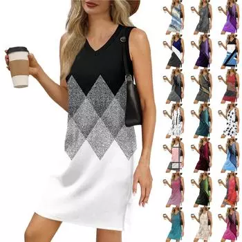 Женский летний повседневный сарафан без рукавов с V-образным вырезом для пляжного отдыха в стиле пэчворк с цветными блоками L чёрный