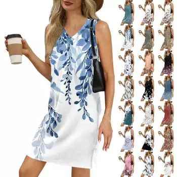 Женский летний повседневный сарафан без рукавов с V-образным вырезом и цветочным принтом для пляжного отдыха L армия зеленый