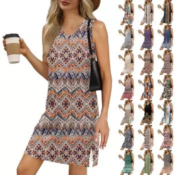 Женский летний повседневный сарафан без рукавов с V-образным вырезом и винтажным принтом для пляжного отдыха L армия зеленый