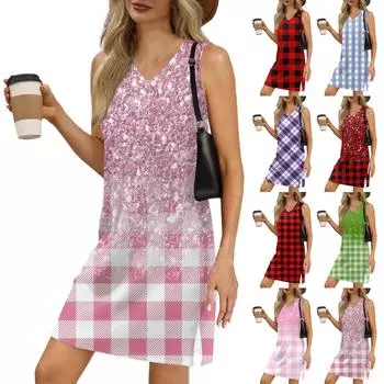 Женский летний повседневный сарафан без рукавов с V-образным вырезом и принтом в клетку для пляжного отдыха L армия зеленый