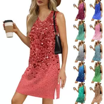 Женский летний повседневный сарафан без рукавов с V-образным вырезом и блестящим принтом для пляжного отдыха XXXL