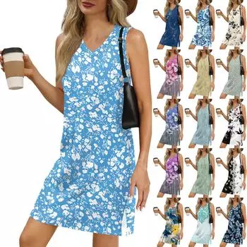Женский летний повседневный сарафан без рукавов с V-образным вырезом и цветочным принтом для пляжного отдыха S циан