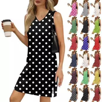 Женский летний повседневный сарафан без рукавов с принтом в горошек с V-образным вырезом для пляжного отдыха XL