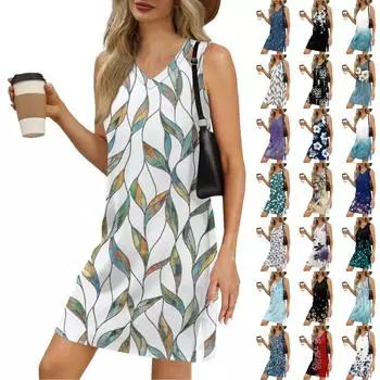 Женский летний повседневный сарафан без рукавов с V-образным вырезом и цветочным принтом для пляжного отдыха L чёрный