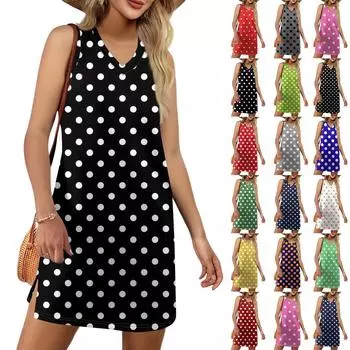 Женский летний повседневный сарафан без рукавов с принтом в горошек с V-образным вырезом для пляжного отдыха XXL