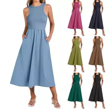 Женский летний повседневный сарафан миди без рукавов, лоскутное вязаное платье-борцовка, струящиеся платья с карманами L чёрный