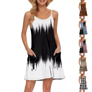 Женский летний повседневный сарафан на бретелях с карманами, короткие пляжные платья-майки для отпуска S