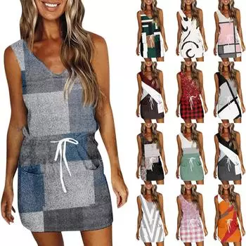 Женский летний повседневный сарафан с принтом, платье без рукавов с карманами L бежевый