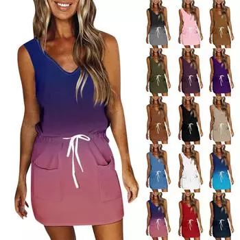 Женский летний повседневный сарафан с принтом, платье без рукавов с карманами L