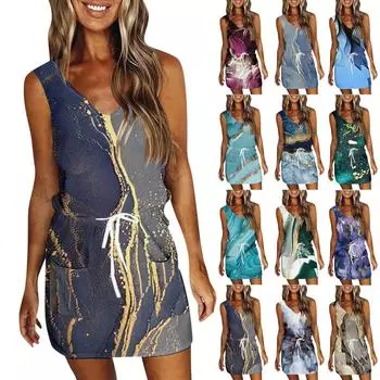 Женский летний повседневный сарафан с принтом, платье без рукавов с карманами L