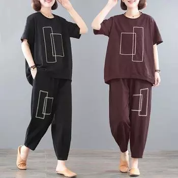 Женский летний повседневный спортивный костюм, свободный топ с короткими рукавами и круглым вырезом + брюки, комплект из двух предметов 4XL чёрный