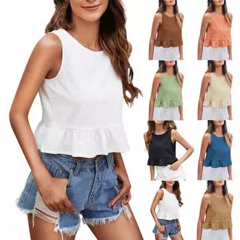 Женский летний повседневный свободный хлопковый топ без рукавов плиссированный жилет с круглым вырезом L бежевый