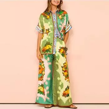 Женский летний повседневный свободный костюм с карманами и принтом S разноцветный