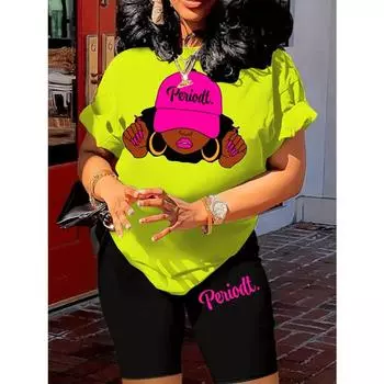 Женский летний повседневный свободный крой, большой размер, повседневный, с графическим принтом, круглым вырезом, короткими рукавами, футболка + шорты, комплект из двух предметов S