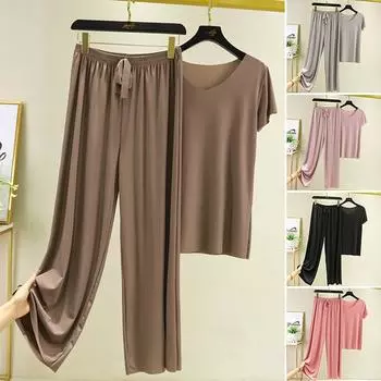 Женский летний повседневный свободный пижамный костюм с широкими брюками на дому XXXXL чёрный