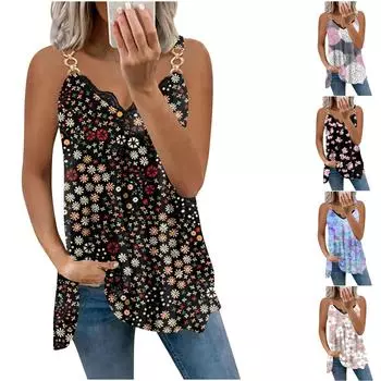 Женский летний повседневный свободный жилет большого размера с v-образным вырезом и кружевной кромкой, модный топ без рукавов с цветочным принтом