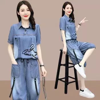 Женский летний повседневный тонкий джинсовый костюм с короткими рукавами и широкими брюками Seven Points, комплект из двух предметов 4XL светло-синий