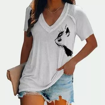 Женский летний повседневный топ с короткими рукавами, женская футболка с принтом, пуловер, облегающий топ, модная футболка с v-образным вырезом