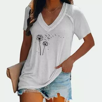 Женский летний повседневный топ с короткими рукавами, женская футболка с принтом, пуловер, облегающий топ, модная футболка с v-образным вырезом