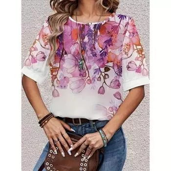 Женский летний повседневный топ с принтом и круглым вырезом S белый