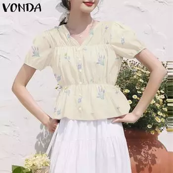 Женский летний повседневный топ VONDA с v-образным вырезом и ложной планкой, с короткими рукавами и принтом на талии S фиолетовый