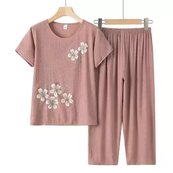 Женский летний повседневный удобный костюм, свободный топ с короткими рукавами и принтами + брюки 7 Points, комплект из двух предметов 4XL синий