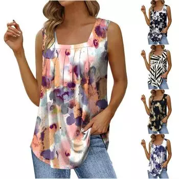 Женский летний повседневный жилет без рукавов с квадратным воротником и принтом, блузка без рукавов L розовый