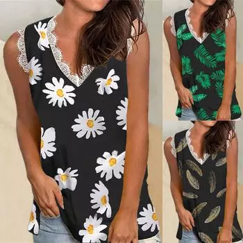 Женский летний повседневный жилет, кружевной пуловер с v-образным вырезом, блузка с принтом, топы без рукавов XXXXXL чёрный