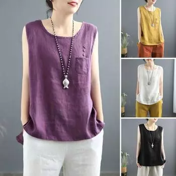 Женский летний повседневный жилет с круглым вырезом без рукавов и пуговицами, декор, пуловеры, топы, однотонные топы с карманами, уличная одежда L фиолетовый