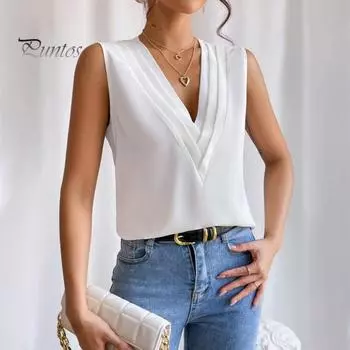 Женский летний повседневный жилет с v-образным вырезом без рукавов, многослойный пуловер с воротником, топы, однотонная футболка без рукавов, уличная одежда S белый