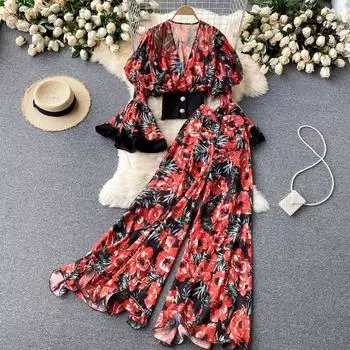 Женский летний праздничный комплект в стиле бохо с цветочным принтом, шикарный короткий топ с расклешенными рукавами и v-образным вырезом + широкие длинные брюки с высокой талией, костюм из двух предметов