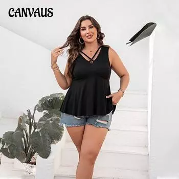 Женский летний простой повседневный топ без рукавов с V-образным вырезом 1XL чёрный