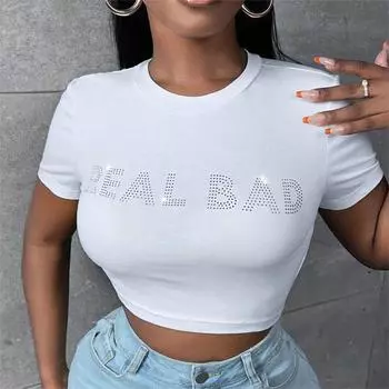 Женский летний пуловер In Woman с круглым вырезом и буквенным принтом с короткими рукавами S белый