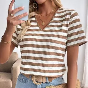 Женский летний пуловер с коротким рукавом и V-образным вырезом, вязаная футболка-топ в полоску S