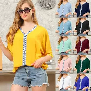 Женский летний пуловер с рукавом «летучая мышь» и V-образным вырезом, шифоновая рубашка с принтом, блузка, топ S темно-зеленого