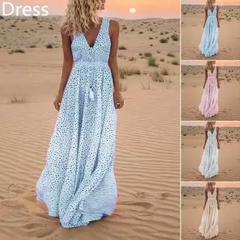 Женский летний сарафан без рукавов больших размеров с кисточками в горошек и глубоким V-образным вырезом, пляжное длинное платье макси S бежевый