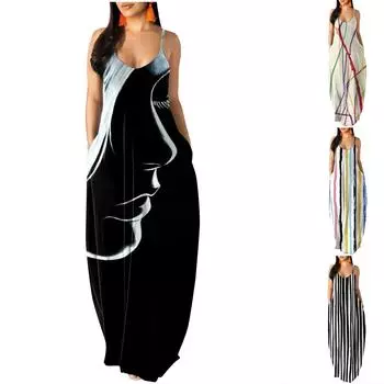 Женский летний сарафан с длинными тонкими бретелями без рукавов и цветочным принтом, повседневное длинное женское платье макси XXXL чёрный
