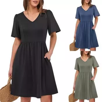 Женский летний сарафан с коротким рукавом и длинными рукавами, повседневный, круглый вырез, А-силуэт, длинные пляжные платья-майки M армия зеленый