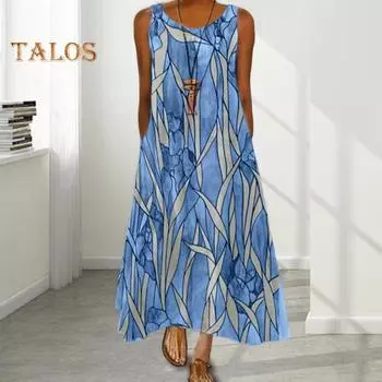 Женский летний сарафан с круглым вырезом, свободный, без рукавов, с цифровым принтом, до щиколотки, с боковыми карманами, повседневное платье-жилет, повседневное платье макси XL разноцветный