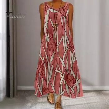 Женский летний сарафан с круглым вырезом, свободный, без рукавов, с цифровым принтом, до щиколотки, с боковыми карманами, повседневное платье-жилет, повседневное платье макси XL разноцветный