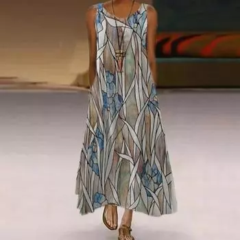 Женский летний сарафан с круглым вырезом, свободный, без рукавов, с цифровым принтом, до щиколотки, с боковыми карманами, повседневное платье-жилет, повседневное платье макси XL разноцветный