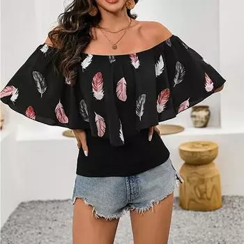 Женский летний сетчатый топ с принтом на одно плечо и рюшами S чёрный