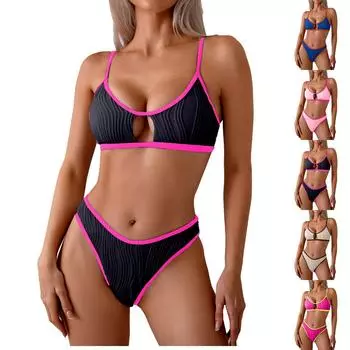 Женский летний сексуальный купальник-бикини с разрезом и подтяжками, однотонный, тонкий XL чёрный