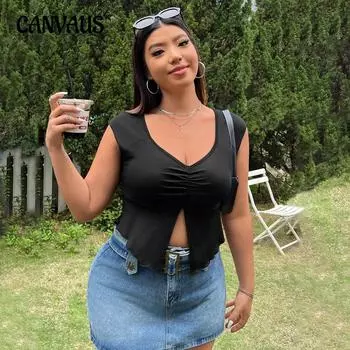 Женский летний сексуальный низкий вырез новый трикотажный топ без рукавов 1XL чёрный